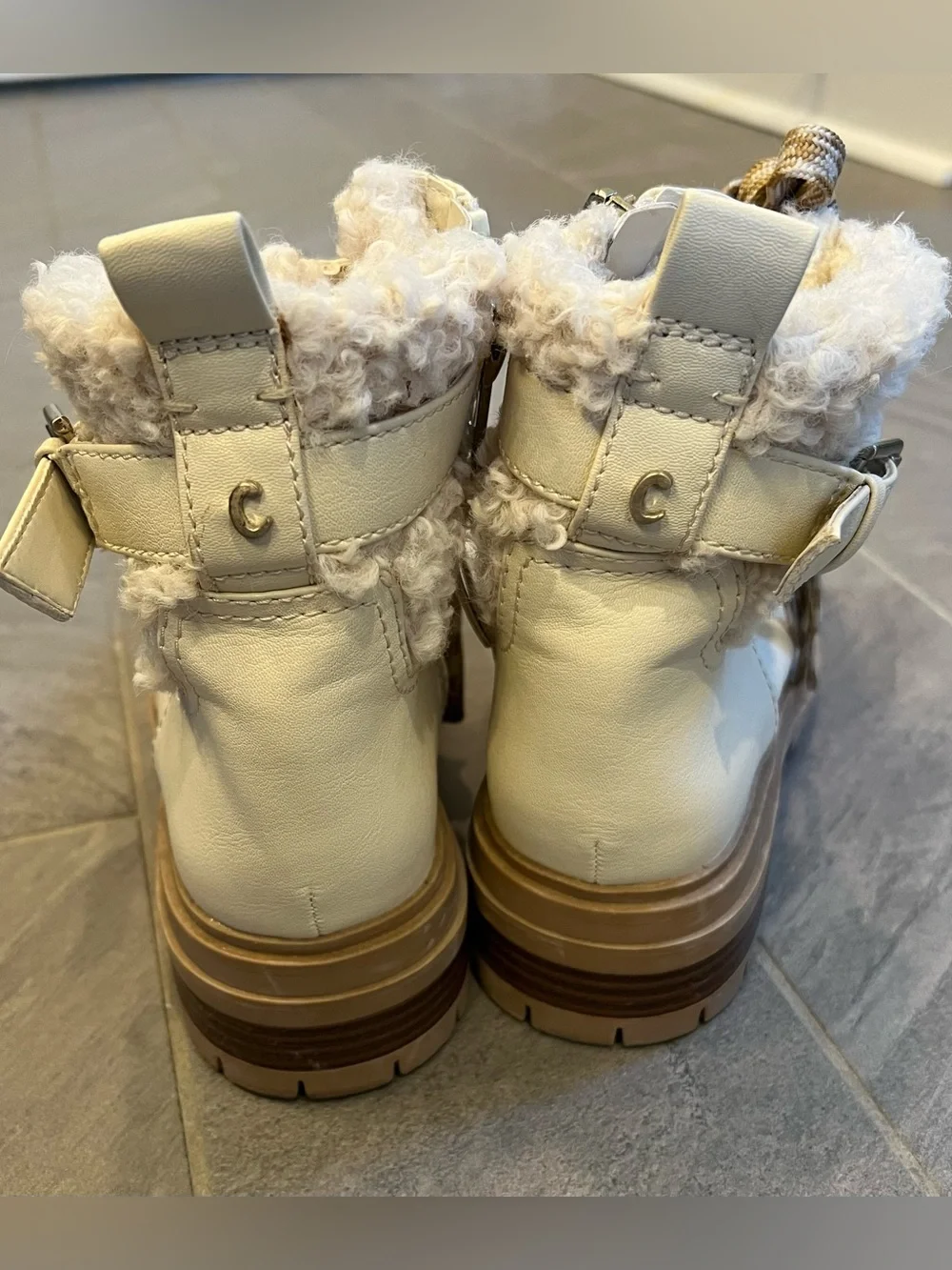 Sam Edelman Cream Faux Fur-Lined Lug Sole Boots with Tan Trim